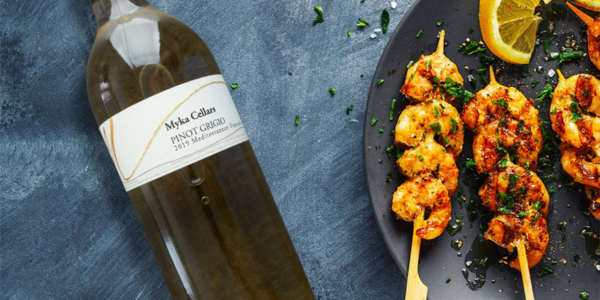 Myka Cellars Spring 2021 club release Pinot Grigio paired with shrimp
