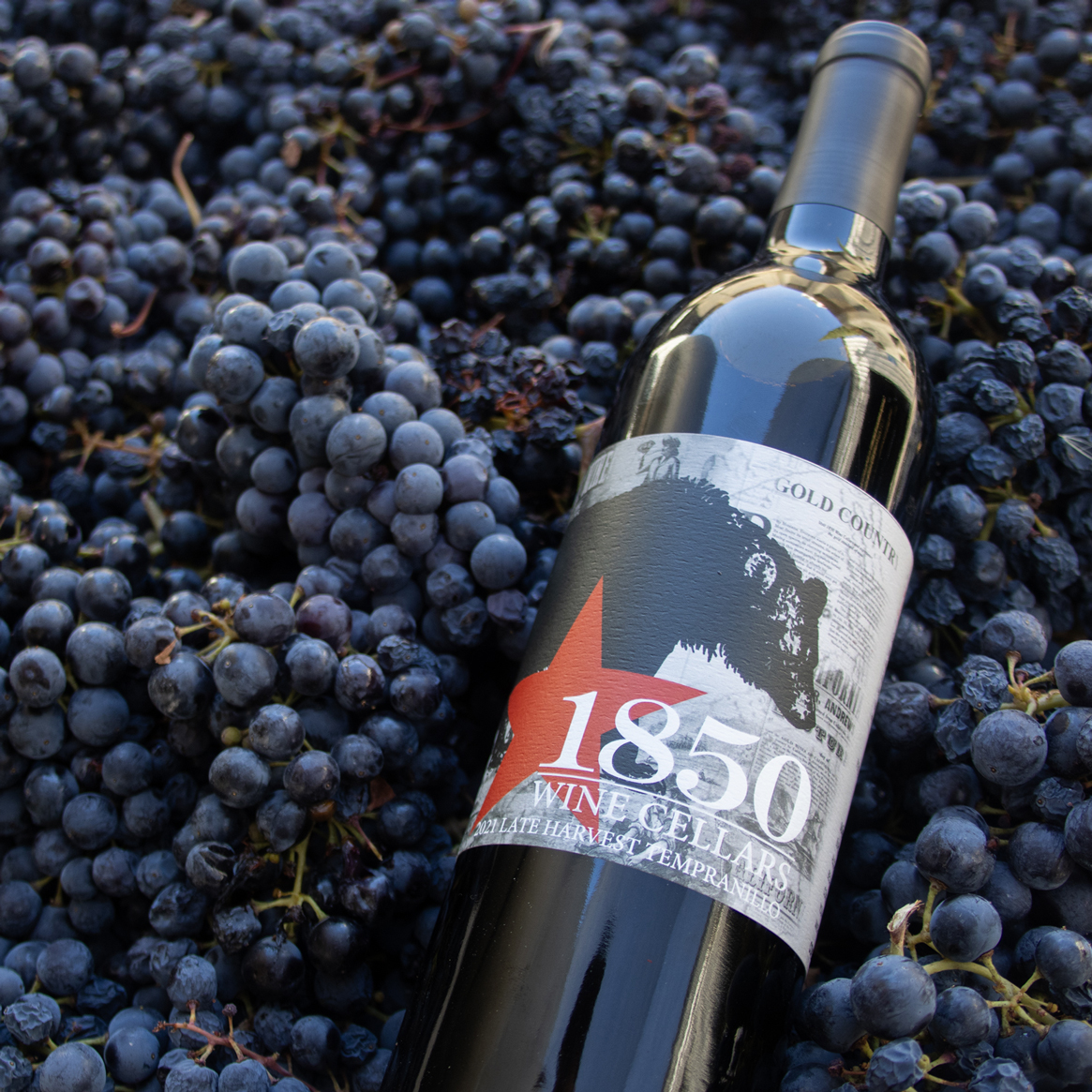 Bottle of Late Harvest Tempranillo on grapes